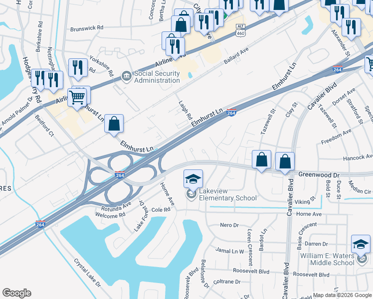 map of restaurants, bars, coffee shops, grocery stores, and more near 4662 Greenwood Drive in Portsmouth