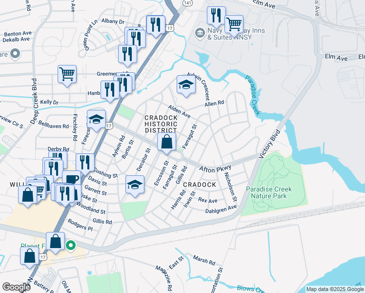 map of restaurants, bars, coffee shops, grocery stores, and more near 47 Farragut Street in Portsmouth