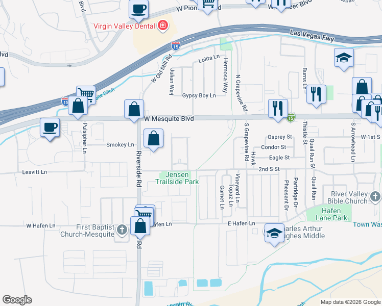 map of restaurants, bars, coffee shops, grocery stores, and more near 154 Shade Tree Lane in Mesquite
