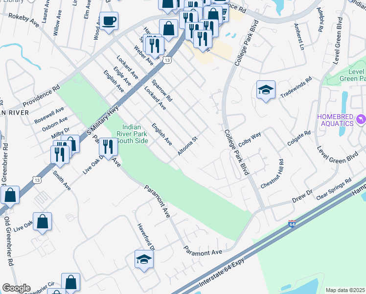 map of restaurants, bars, coffee shops, grocery stores, and more near 2145 Engle Avenue in Chesapeake