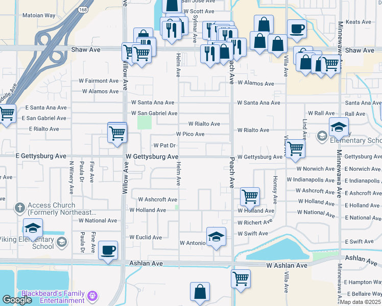 map of restaurants, bars, coffee shops, grocery stores, and more near 524 West Gettysburg Avenue in Clovis