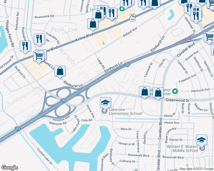 map of restaurants, bars, coffee shops, grocery stores, and more near 4618 Greenwood Drive in Portsmouth