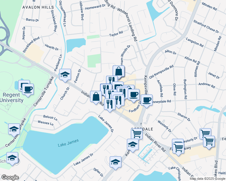 map of restaurants, bars, coffee shops, grocery stores, and more near 5386 Kemps River Drive in Virginia Beach