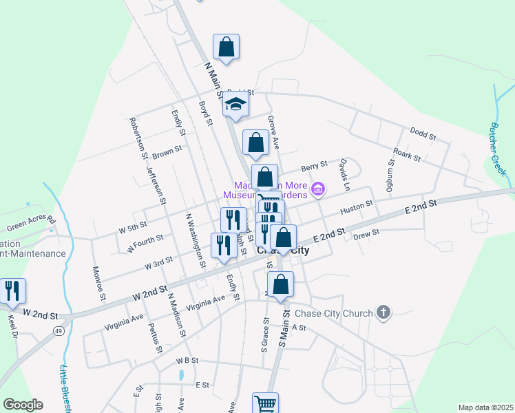 map of restaurants, bars, coffee shops, grocery stores, and more near 301-399 Boyd Street in Chase City