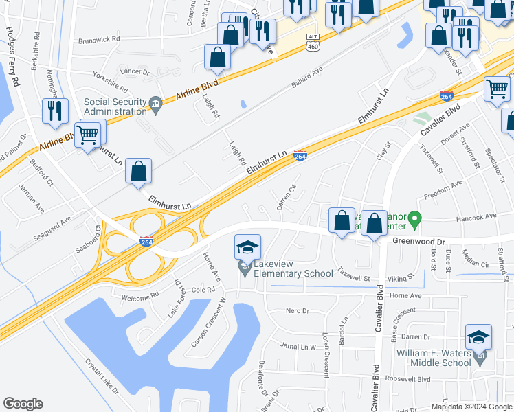 map of restaurants, bars, coffee shops, grocery stores, and more near 4544 Greenwood Drive in Portsmouth