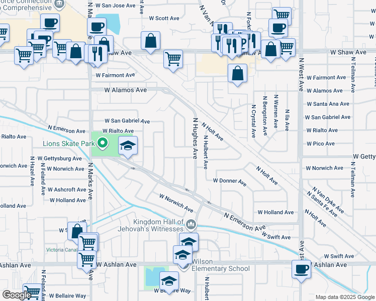 map of restaurants, bars, coffee shops, grocery stores, and more near 2151 West Pico Avenue in Fresno