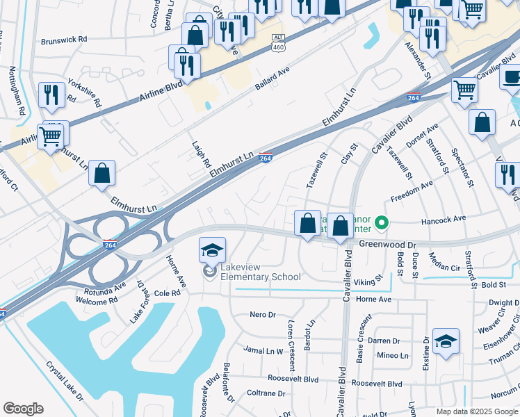 map of restaurants, bars, coffee shops, grocery stores, and more near 1561 Darren Circle in Portsmouth