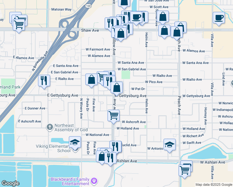 map of restaurants, bars, coffee shops, grocery stores, and more near 2777 Willow Avenue in Clovis