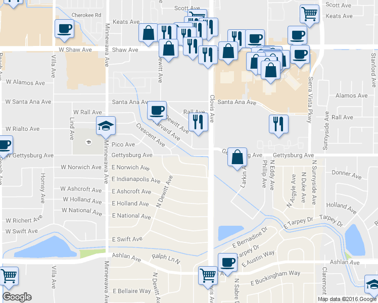 map of restaurants, bars, coffee shops, grocery stores, and more near 5543 East Crescent Avenue in Fresno