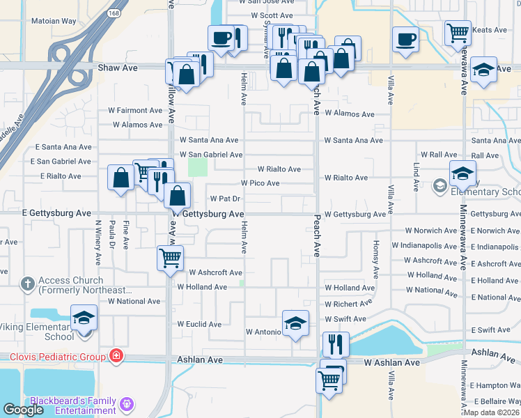 map of restaurants, bars, coffee shops, grocery stores, and more near 524 West Gettysburg Avenue in Clovis