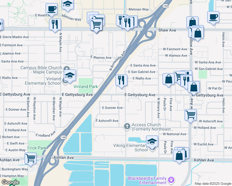 map of restaurants, bars, coffee shops, grocery stores, and more near 4772 East Gettysburg Avenue in Fresno