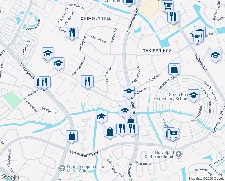 map of restaurants, bars, coffee shops, grocery stores, and more near 3637 Monterrey Court in Virginia Beach