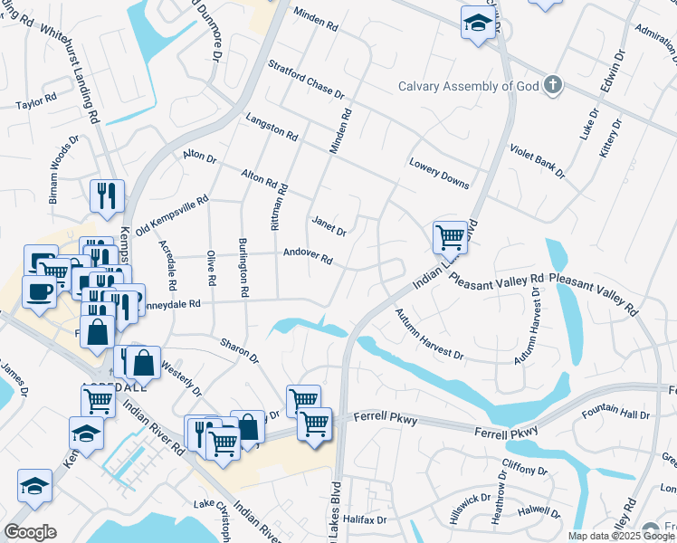 map of restaurants, bars, coffee shops, grocery stores, and more near 5133 Andover Road in Virginia Beach