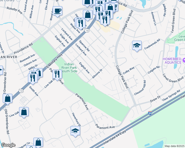 map of restaurants, bars, coffee shops, grocery stores, and more near 1305 Altoona Street in Chesapeake