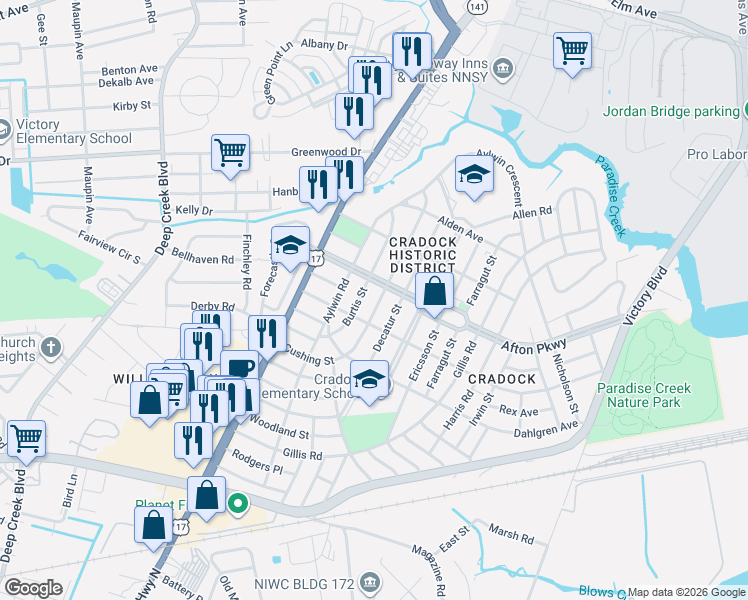 map of restaurants, bars, coffee shops, grocery stores, and more near 80 Cushing Street in Portsmouth