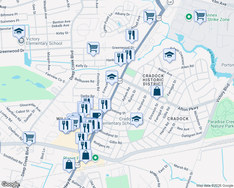 map of restaurants, bars, coffee shops, grocery stores, and more near 7 Cotton Place in Portsmouth
