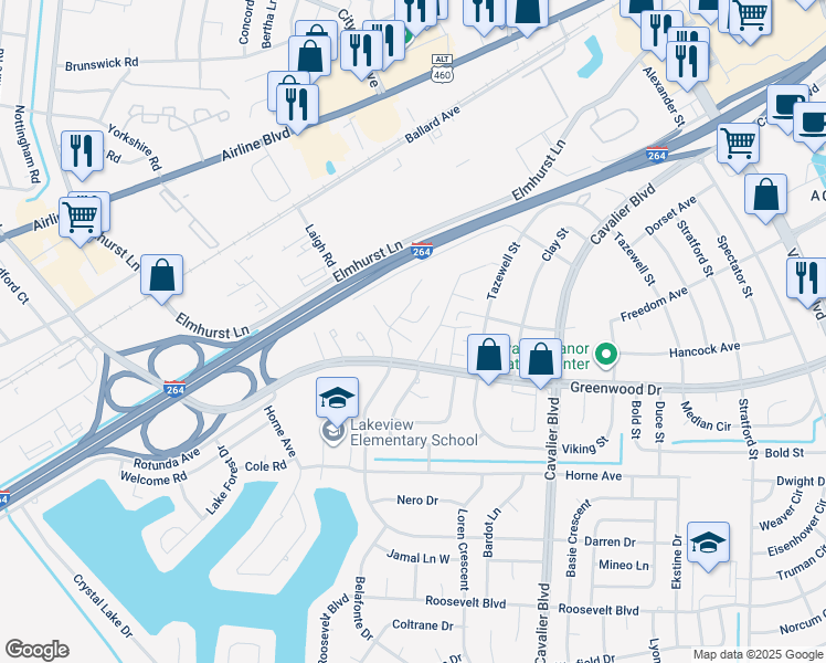 map of restaurants, bars, coffee shops, grocery stores, and more near 1561 Darren Circle in Portsmouth