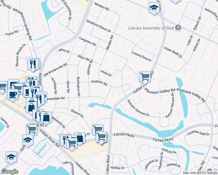 map of restaurants, bars, coffee shops, grocery stores, and more near 5133 Andover Road in Virginia Beach