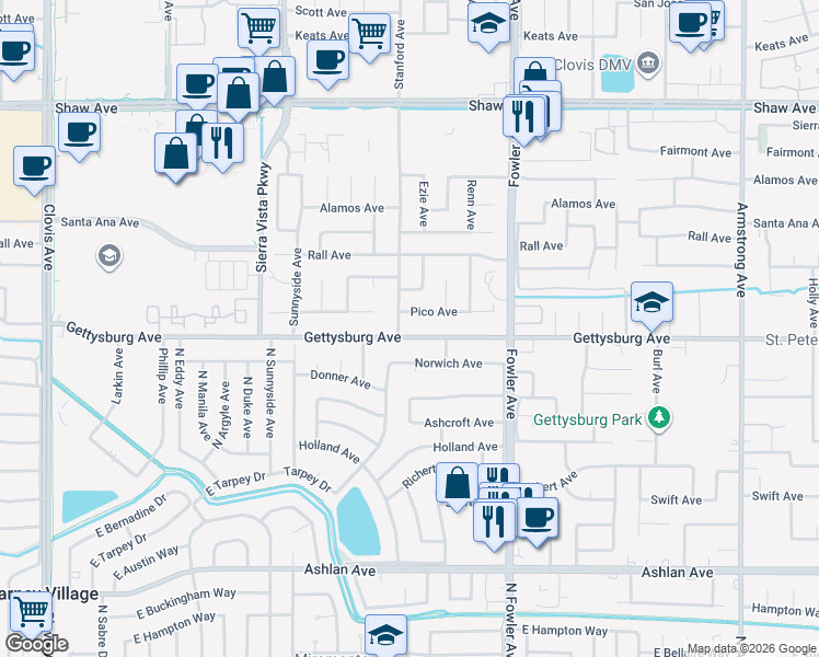map of restaurants, bars, coffee shops, grocery stores, and more near 1588 Gettysburg Avenue in Clovis