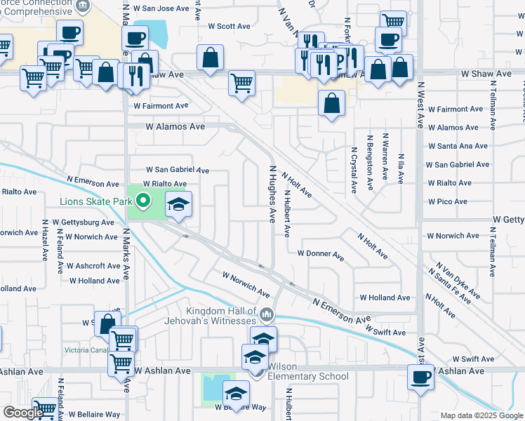 map of restaurants, bars, coffee shops, grocery stores, and more near 2151 West Pico Avenue in Fresno
