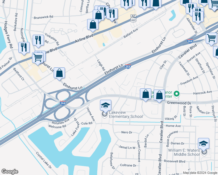 map of restaurants, bars, coffee shops, grocery stores, and more near 4546 Greenwood Drive in Portsmouth