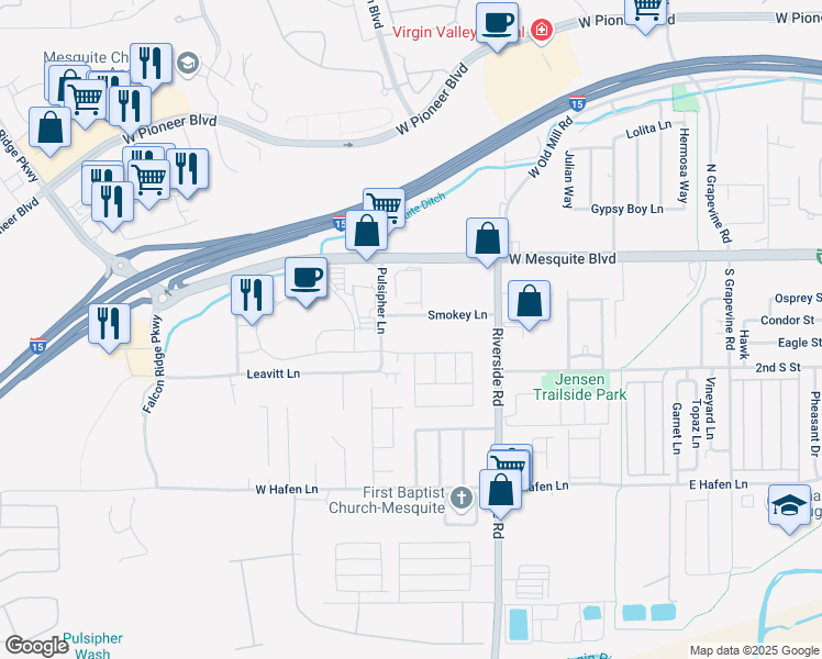map of restaurants, bars, coffee shops, grocery stores, and more near 100 Pulsipher Lane in Mesquite