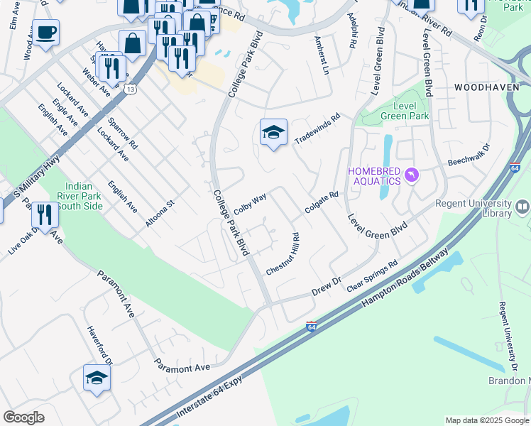 map of restaurants, bars, coffee shops, grocery stores, and more near 1263 Glyndon Drive in Virginia Beach