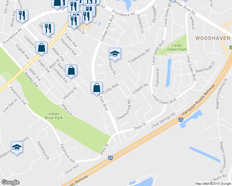 map of restaurants, bars, coffee shops, grocery stores, and more near 1263 Glyndon Drive in Virginia Beach