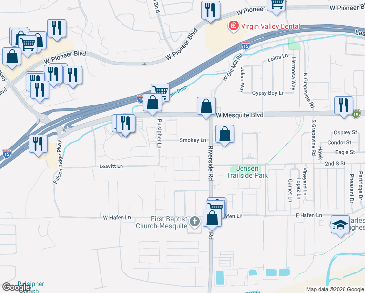 map of restaurants, bars, coffee shops, grocery stores, and more near 859 Santa Theresa Way in Mesquite