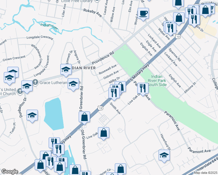 map of restaurants, bars, coffee shops, grocery stores, and more near 716 Cardover Avenue in Chesapeake