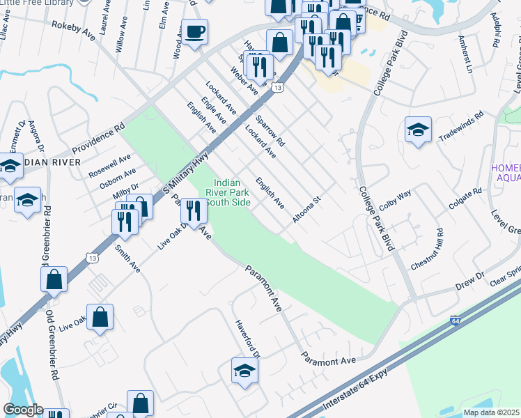 map of restaurants, bars, coffee shops, grocery stores, and more near 2105 Miller Avenue in Chesapeake