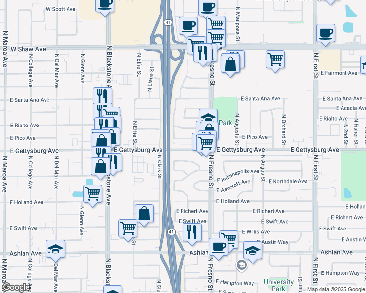 map of restaurants, bars, coffee shops, grocery stores, and more near 2238 East Gettysburg Avenue in Fresno
