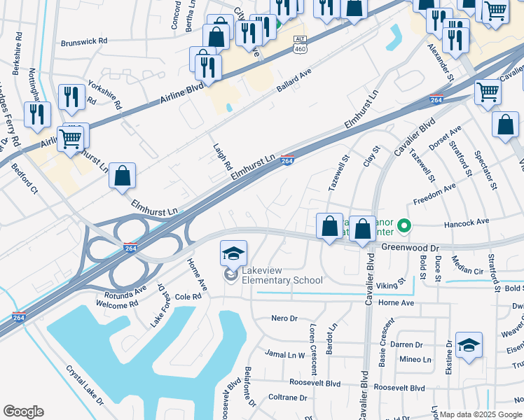 map of restaurants, bars, coffee shops, grocery stores, and more near 1504 Darren Circle in Portsmouth