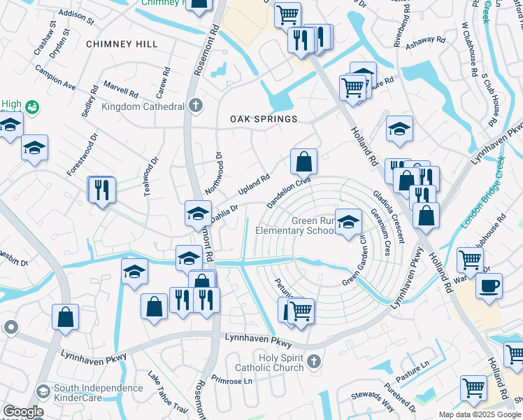 map of restaurants, bars, coffee shops, grocery stores, and more near 3524 Dandelion Crescent in Virginia Beach