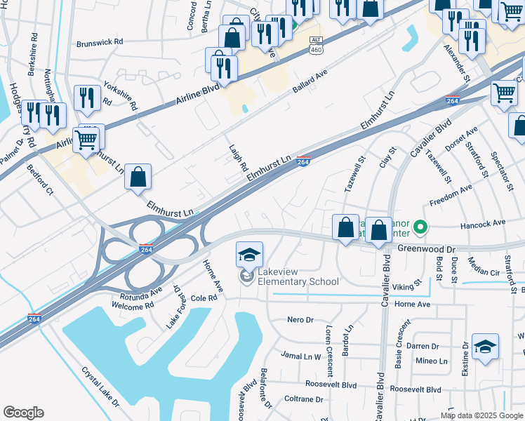 map of restaurants, bars, coffee shops, grocery stores, and more near 4562 Greenwood Drive in Portsmouth