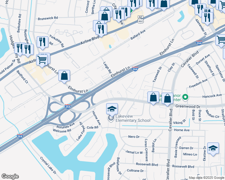 map of restaurants, bars, coffee shops, grocery stores, and more near 4626 Greenwood Drive in Portsmouth
