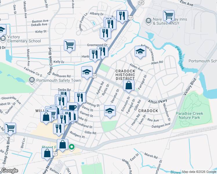 map of restaurants, bars, coffee shops, grocery stores, and more near 36 Burtis Street in Portsmouth