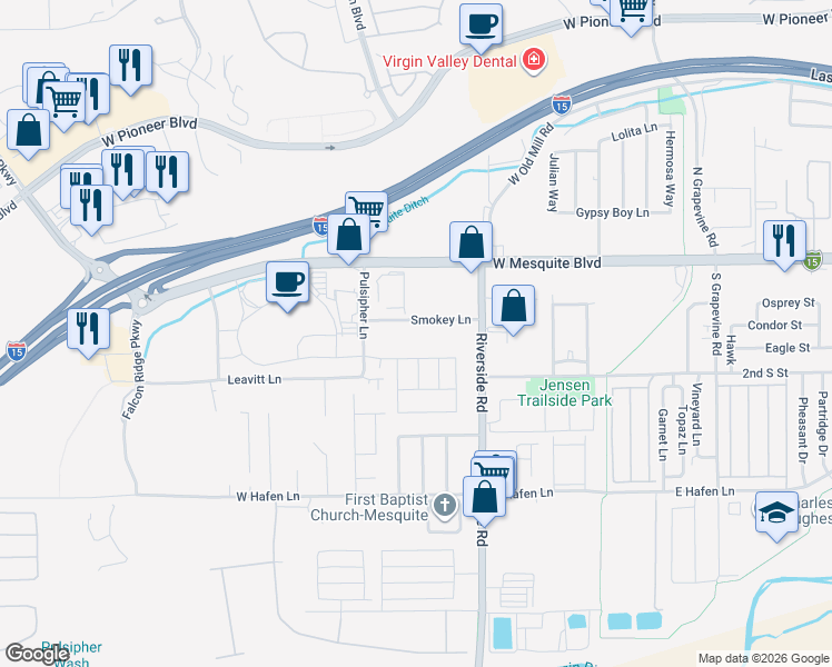 map of restaurants, bars, coffee shops, grocery stores, and more near 859 Santa Theresa Way in Mesquite