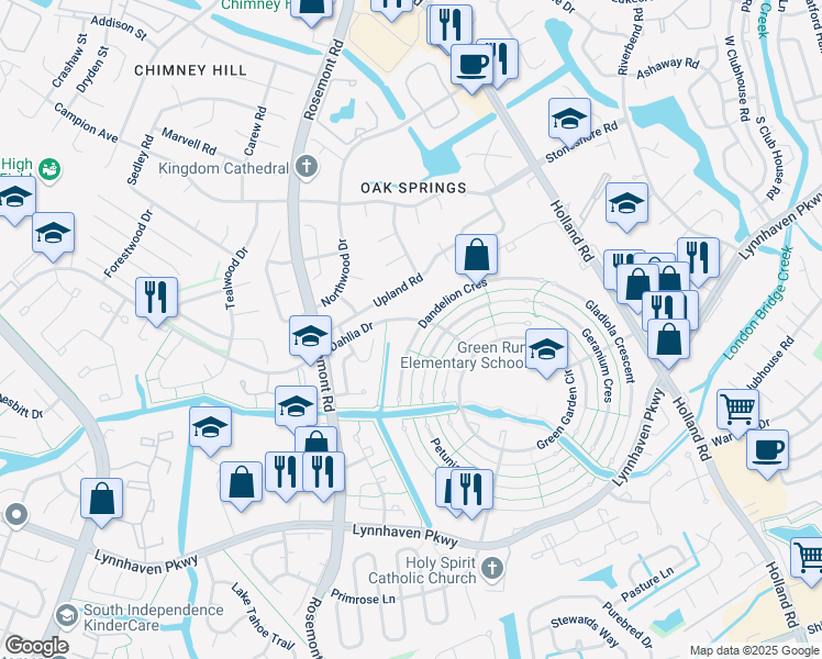 map of restaurants, bars, coffee shops, grocery stores, and more near 3524 Dandelion Crescent in Virginia Beach