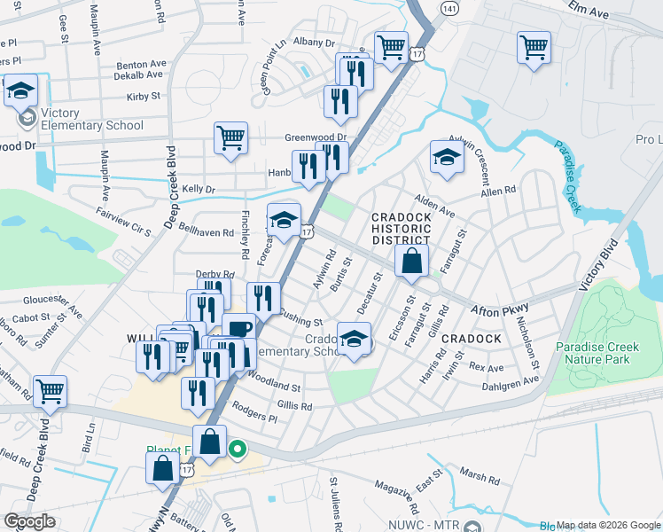 map of restaurants, bars, coffee shops, grocery stores, and more near 24 Channing Avenue in Portsmouth