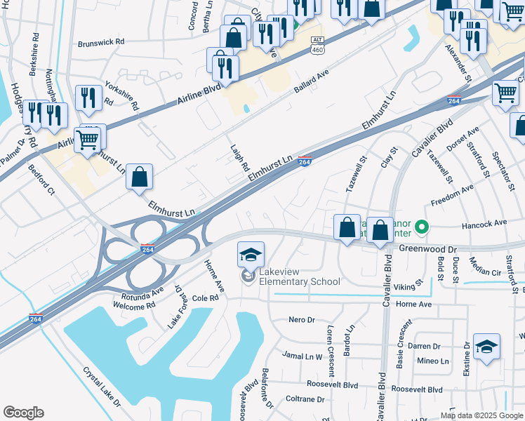 map of restaurants, bars, coffee shops, grocery stores, and more near 4538 Greenwood Drive in Portsmouth