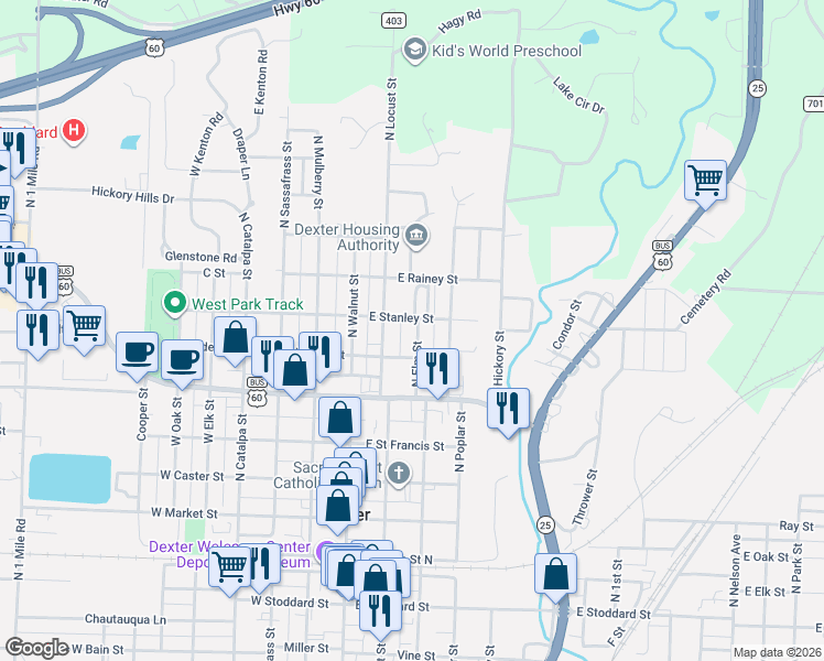 map of restaurants, bars, coffee shops, grocery stores, and more near 723 North Elm Street in Dexter