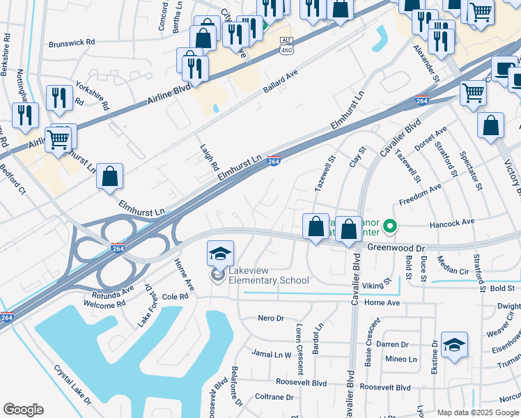 map of restaurants, bars, coffee shops, grocery stores, and more near 1507 Darren Circle in Portsmouth
