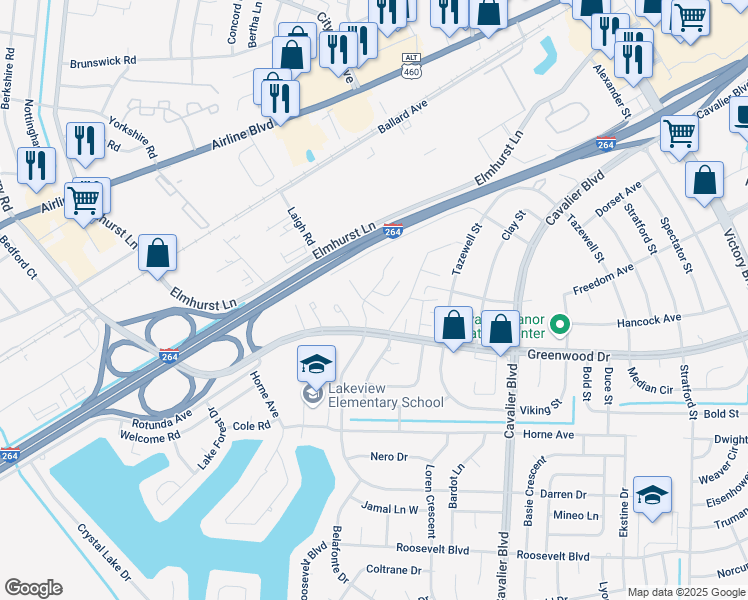 map of restaurants, bars, coffee shops, grocery stores, and more near 1577 Darren Circle in Portsmouth
