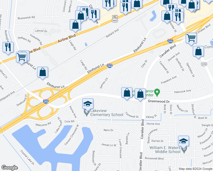 map of restaurants, bars, coffee shops, grocery stores, and more near 1567 Darren Circle in Portsmouth