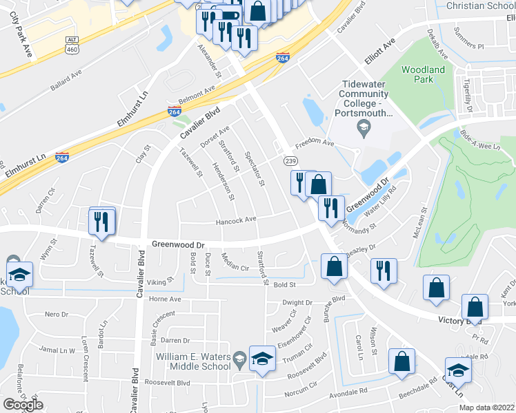 map of restaurants, bars, coffee shops, grocery stores, and more near 1505 Stratford Street in Portsmouth