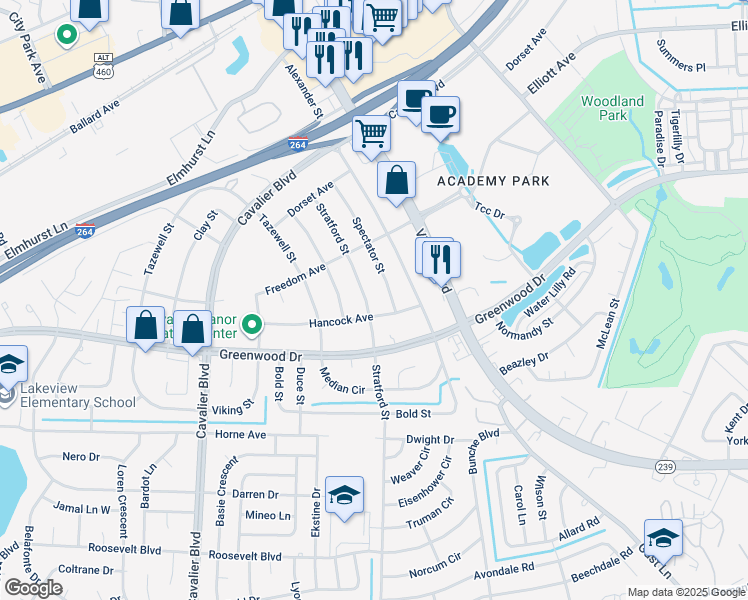 map of restaurants, bars, coffee shops, grocery stores, and more near 1505 Stratford Street in Portsmouth