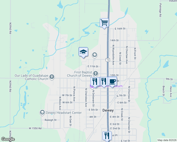 map of restaurants, bars, coffee shops, grocery stores, and more near in Dewey