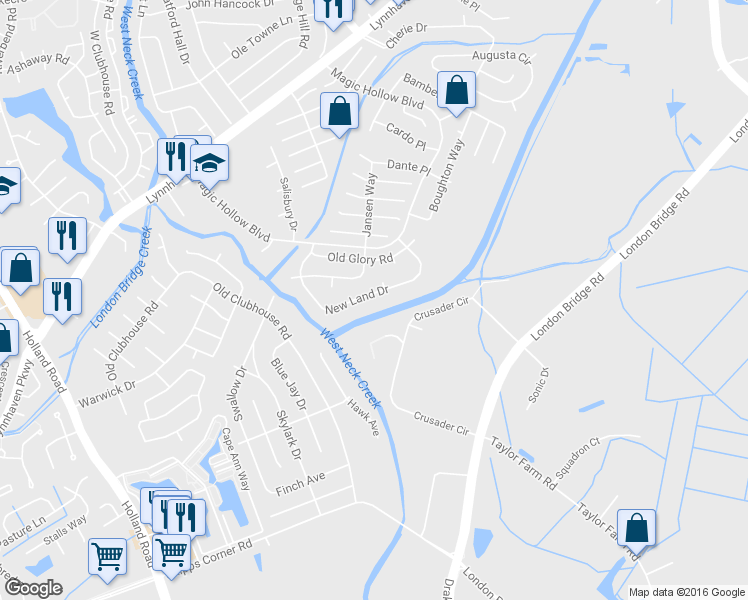 map of restaurants, bars, coffee shops, grocery stores, and more near 1267 New Land Drive in Virginia Beach