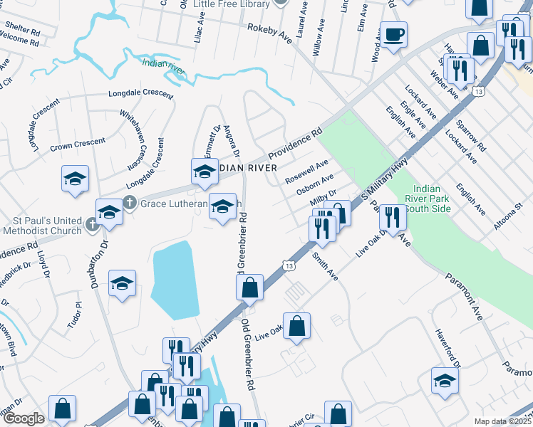 map of restaurants, bars, coffee shops, grocery stores, and more near 2399 Old Greenbrier Road in Chesapeake